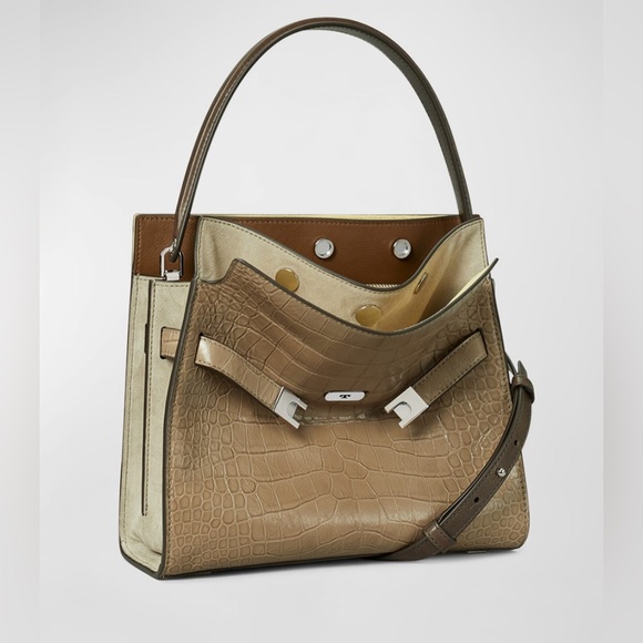 Rare Tory Burch Lee Radziwill Small Double Bag in Croc Embossed brown/shale - Picture 5 of 15